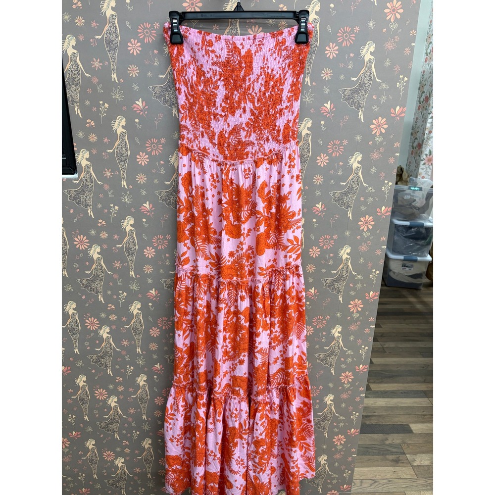 Abel The Label Pink Orange Floral Smocked Strapless Maxi Dress ATL10021-34 M